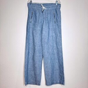 ATHLETA Cabo Linen Wide Leg Pant 4 Chambray Blue Pockets Resortwear Beach Summer